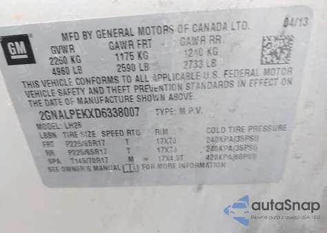 2013 Chevrolet Equinox 2Lt из США, поврежденный, VIN 2GNALPEKXD6338007